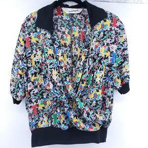 Diane Von Furstenberg Vintage Splice Neck Sheer Garden Print Collard Blouse L